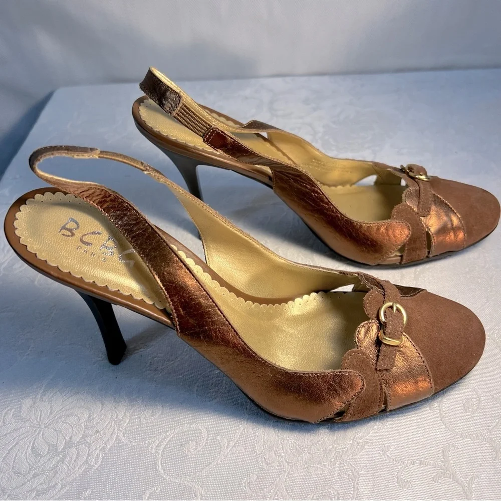 BCBG Paris Shoes Brown Suede Buckle Sling Back 4” Stiletto Heels 7.5
